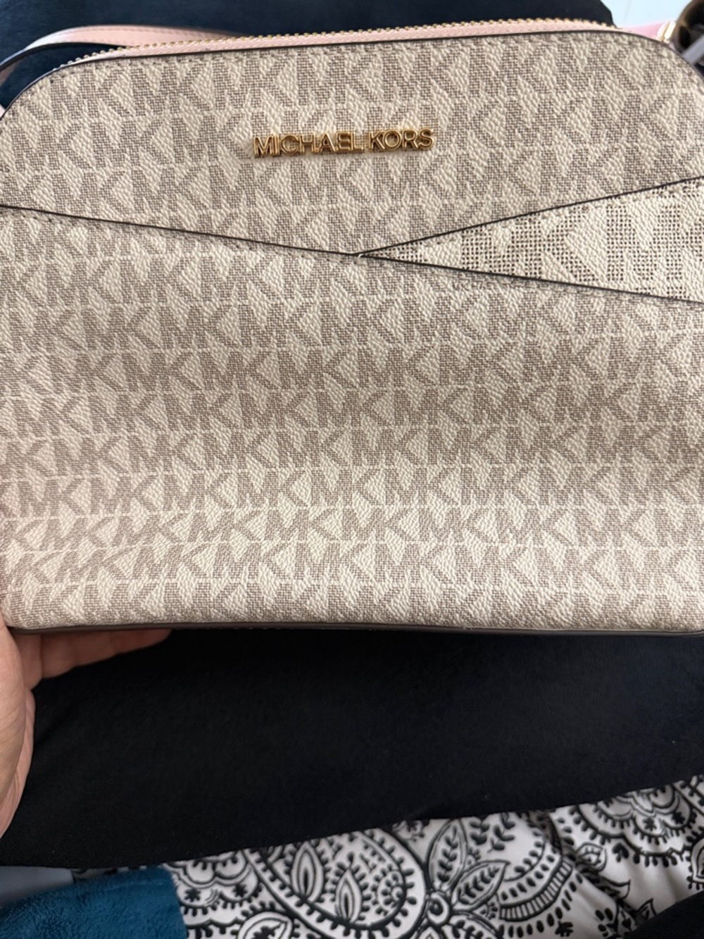 Michael Kors Beige Monogram Crossbody with Gold Logo